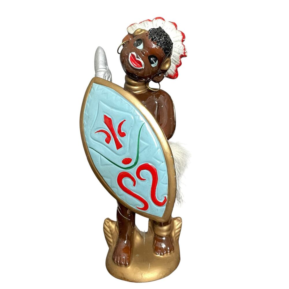 Vintage African Tribal Dancer with Shield Figurine Ceramic Mid Century Japan